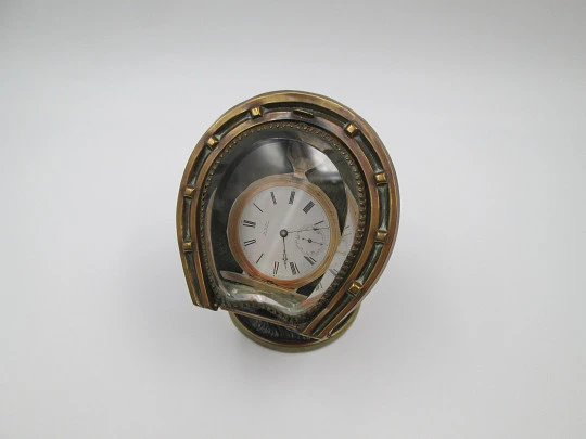 Pocket watch ornate exhibition table box. Bronze & pewter. Horse hoof. 1900's