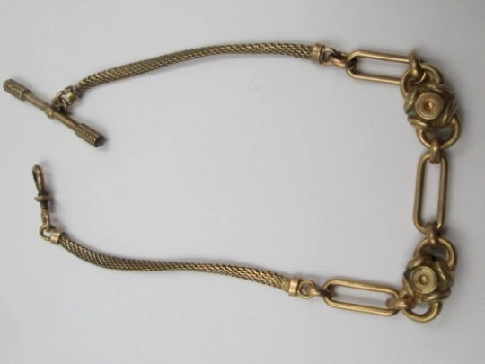 Pocket watch T Bar chain. Gold plated. Cord & vegetable ornaments