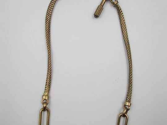 Pocket watch T Bar chain. Gold plated. Cord & vegetable ornaments