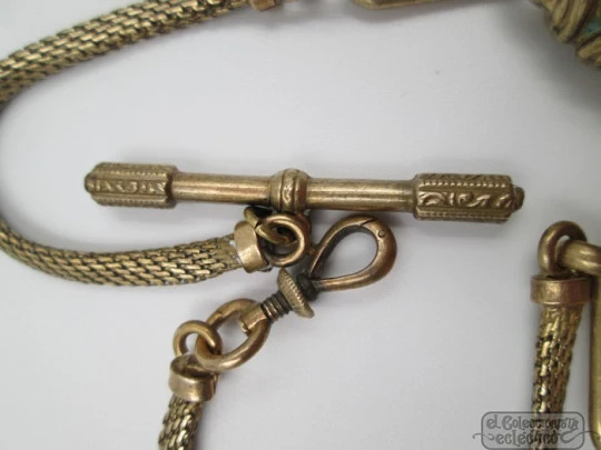 Pocket watch T Bar chain. Gold plated. Cord & vegetable ornaments