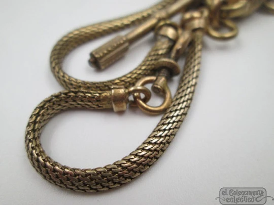 Pocket watch T Bar chain. Gold plated. Cord & vegetable ornaments
