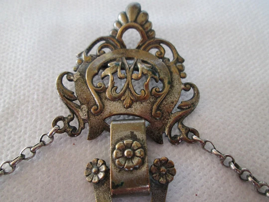 Pocket watch with chatelaine. Silver plated metal. Key-wind. 19th century
