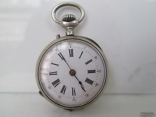 Pocket watch. Sterling silver. Porcelain dial. Stem-wind. 1890's. Open-face