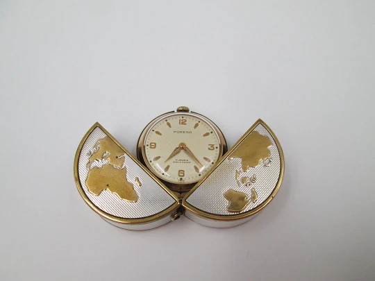Poresa 'World map' travel watch. Silver plated and golden. Manual wind. 1960's