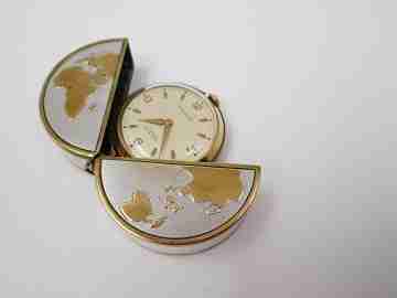 Poresa 'World map' travel watch. Silver plated and golden. Manual wind. 1960's