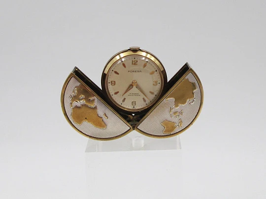 Poresa 'World map' travel watch. Silver plated and golden. Manual wind. 1960's