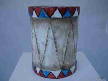 Portalápices rojo, azul y blanco. Años 30. Limoges. Porcelana. Francia
