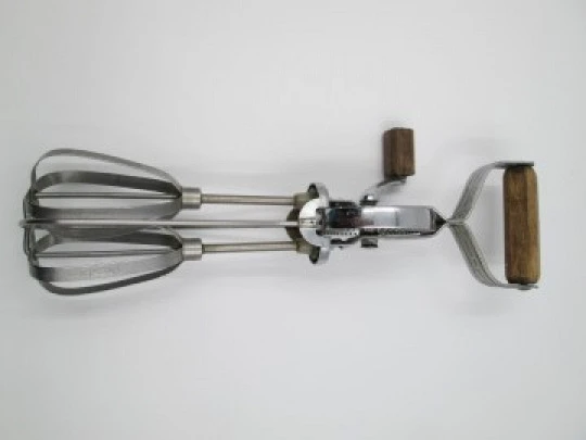 Prestige egg beater / wire whisk. England. 1940's. Steel and wood