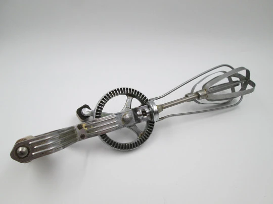 Prestige egg beater / wire whisk. England. 1940's. Steel and wood