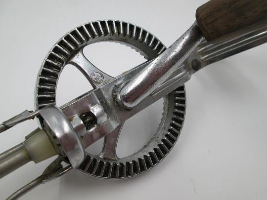 Prestige egg beater / wire whisk. England. 1940's. Steel and wood