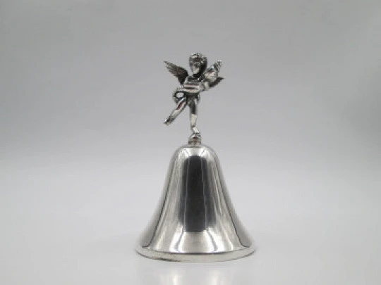 Pretty hand bell with cherub motif. 925 sterling silver. Clapper. Spain. Hallmarks. 1990's