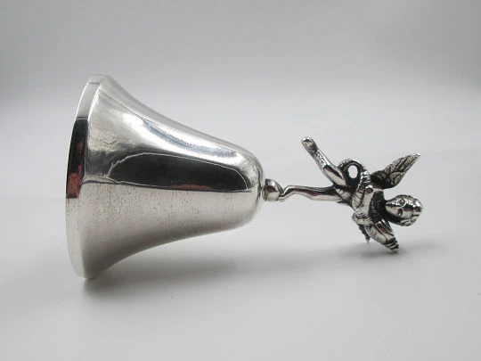 Pretty hand bell with cherub motif. 925 sterling silver. Clapper. Spain. Hallmarks. 1990's