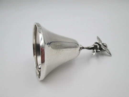 Pretty hand bell with cherub motif. 925 sterling silver. Clapper. Spain. Hallmarks. 1990's