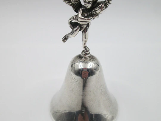 Pretty hand bell with cherub motif. 925 sterling silver. Clapper. Spain. Hallmarks. 1990's