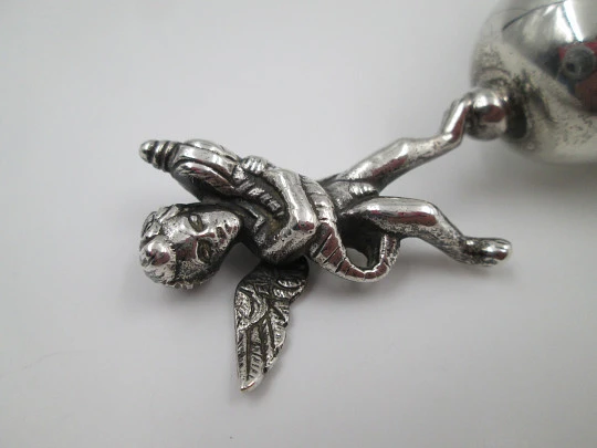 Pretty hand bell with cherub motif. 925 sterling silver. Clapper. Spain. Hallmarks. 1990's