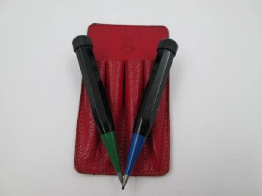 Propelling pencils set. Red leather pouche. Germany. Bakelite. 1940's