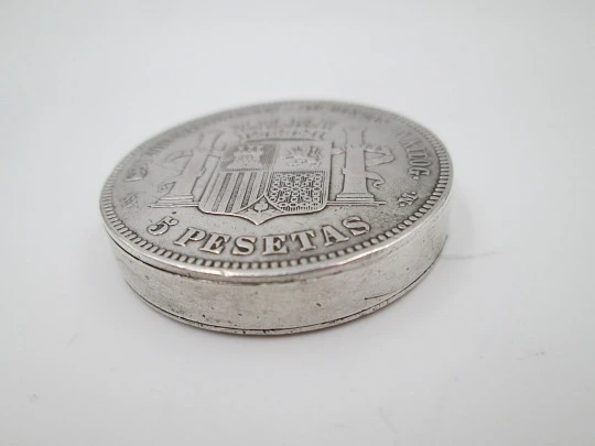 Provisional Government 5 pesetas coin (1870) pocket petrol lighter. Sterling silver. Spain