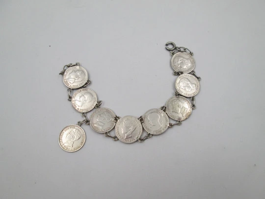 Pulsera articulada mujer monedas españolas 50 céntimos y colgante. Plata de ley. 1900