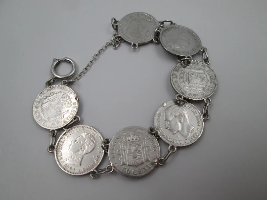 Pulsera articulada mujer monedas españolas 50 céntimos. Plata de ley. 1900