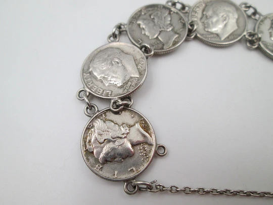 Pulsera articulada para mujer. Monedas centavos de dólar. Plata de ley. 1940