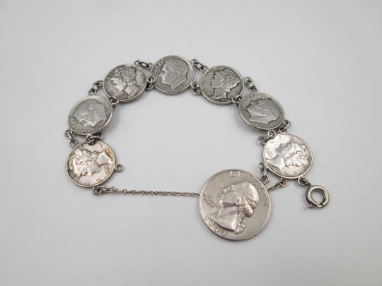 Pulsera articulada para mujer. Monedas centavos de dólar. Plata de ley. 1940