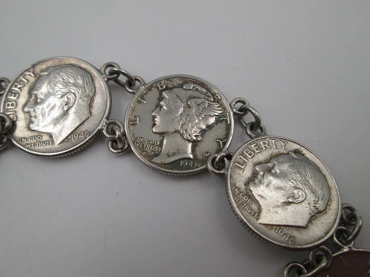 Pulsera articulada para mujer. Monedas centavos de dólar. Plata de ley. 1940