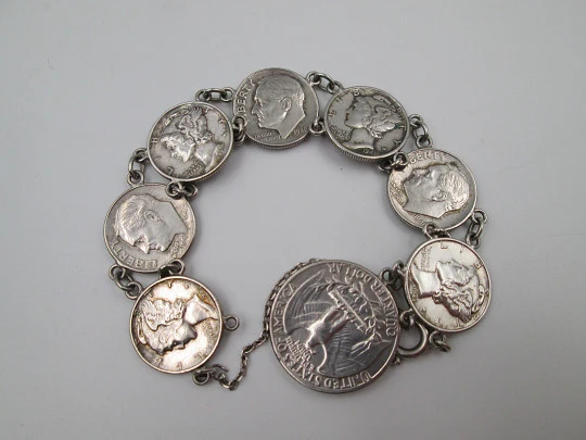 Pulsera articulada para mujer. Monedas centavos de dólar. Plata de ley. 1940