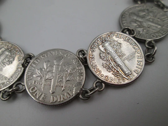 Pulsera articulada para mujer. Monedas centavos de dólar. Plata de ley. 1940