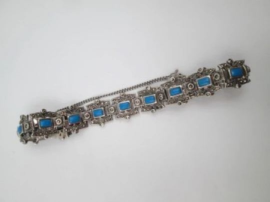Pulsera calada mujer plata de ley 925. Turquesas y marquesitas. 1980. Europa