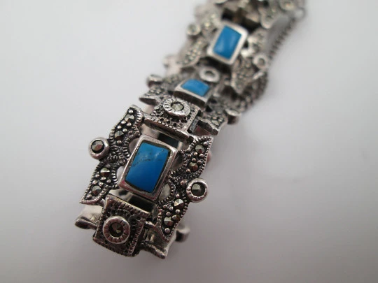 Pulsera calada mujer plata de ley 925. Turquesas y marquesitas. 1980. Europa