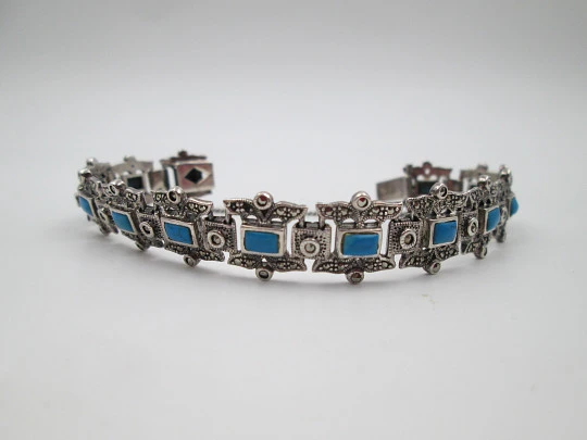 Pulsera calada mujer plata de ley 925. Turquesas y marquesitas. 1980. Europa