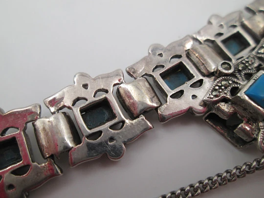 Pulsera calada mujer plata de ley 925. Turquesas y marquesitas. 1980. Europa