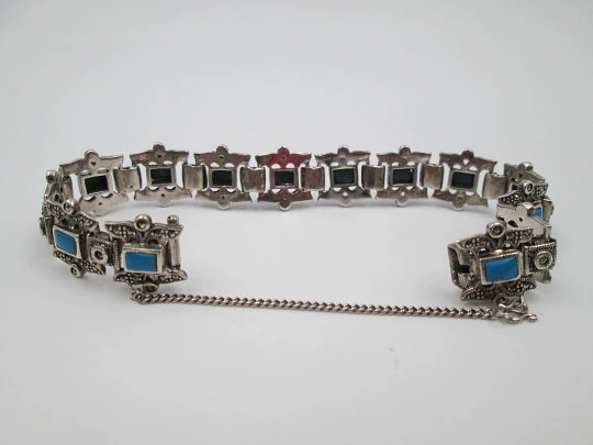 Pulsera calada mujer plata de ley 925. Turquesas y marquesitas. 1980. Europa