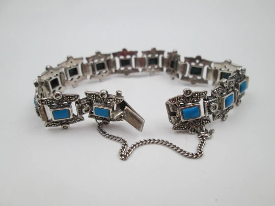Pulsera calada mujer plata de ley 925. Turquesas y marquesitas. 1980. Europa