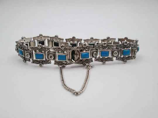 Pulsera calada mujer plata de ley 925. Turquesas y marquesitas. 1980. Europa