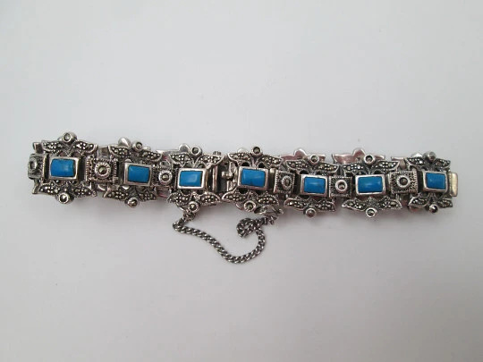 Pulsera calada mujer plata de ley 925. Turquesas y marquesitas. 1980. Europa