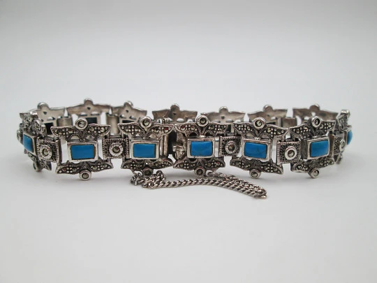 Pulsera calada mujer plata de ley 925. Turquesas y marquesitas. 1980. Europa