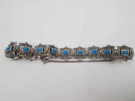 Pulsera calada mujer plata de ley 925. Turquesas y marquesitas. 1980. Europa