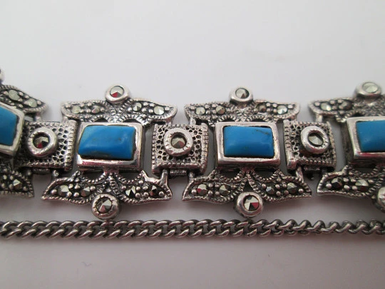 Pulsera calada mujer plata de ley 925. Turquesas y marquesitas. 1980. Europa