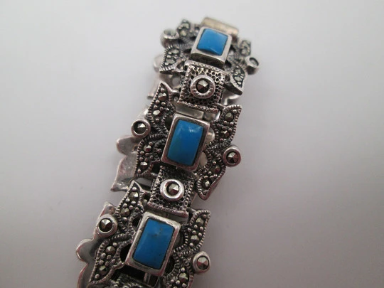 Pulsera calada mujer plata de ley 925. Turquesas y marquesitas. 1980. Europa