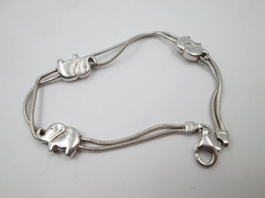 Pulsera doble hilo para mujer. Plata de ley 925. Motivos de elefantes. 1990