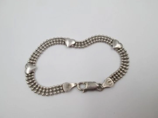 Pulsera mujer corazones y bolitas. Plata de ley 925. Cierre mosquetón. 1990