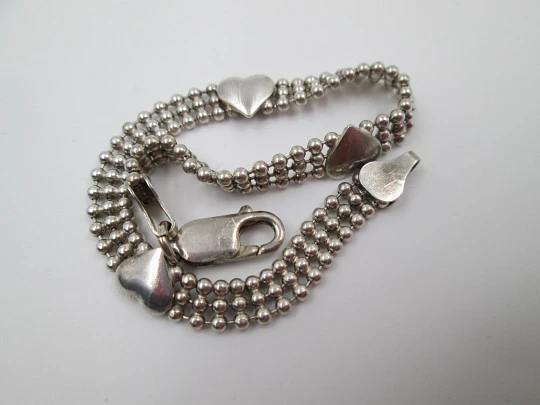 Pulsera mujer corazones y bolitas. Plata de ley 925. Cierre mosquetón. 1990