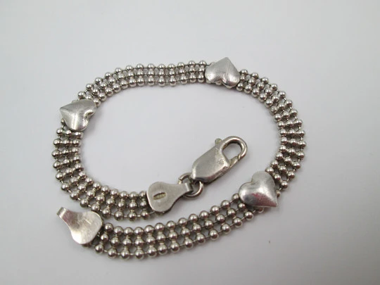 Pulsera mujer corazones y bolitas. Plata de ley 925. Cierre mosquetón. 1990