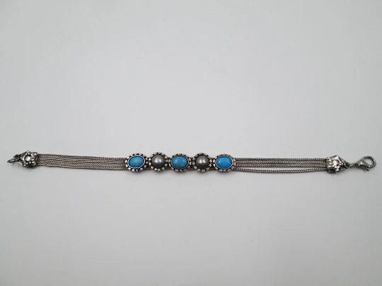 Pulsera mujer cuatro hilos. Plata de ley y turquesas. Flores. Años 70