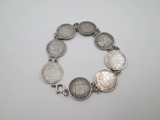 Pulsera mujer monedas españolas 50 céntimos. Alfonso XIII. Plata. 1904