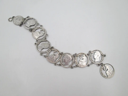 Pulsera mujer monedas españolas Alfonso XII-XIII y Segunda República. Plata. 1940