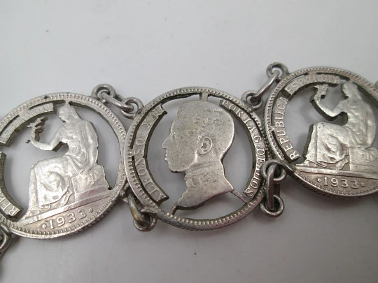 Pulsera mujer monedas españolas Alfonso XII-XIII y Segunda República. Plata. 1940