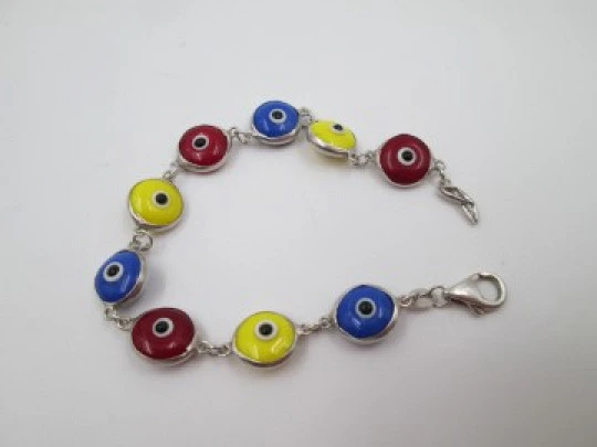 Pulsera mujer. Plata de ley 925 y esmalte de colores. Cierre mosquetón. 2000