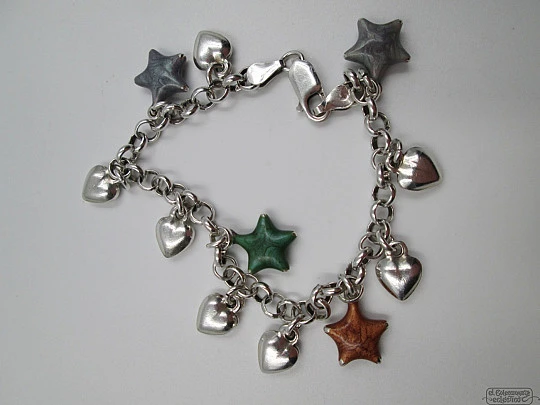 Pulsera plata de ley 925. Años 90. Corazones y estrellas. Esmalte